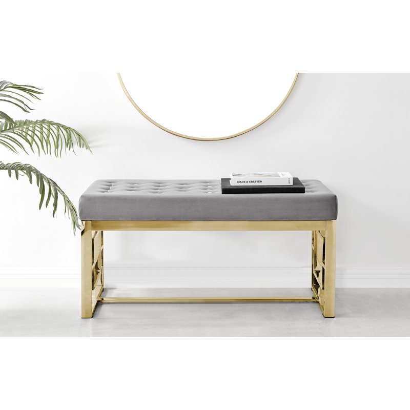 Camberley Luxury Velvet Upholstered Bedroom Bench - Dressing Table Seat or End of Bed Bench, Gray/Gold