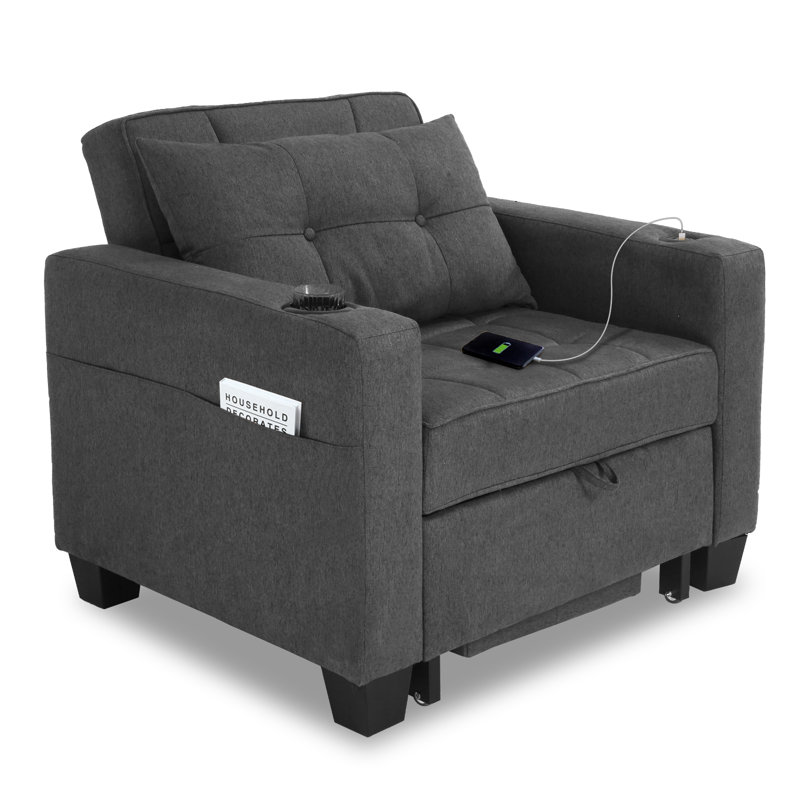 Latitude Run 36.6" Wide Convertible Chair 3-In-1 Pull Out Sleeper Futon Chair Beds with USB, Dark Gray Linen