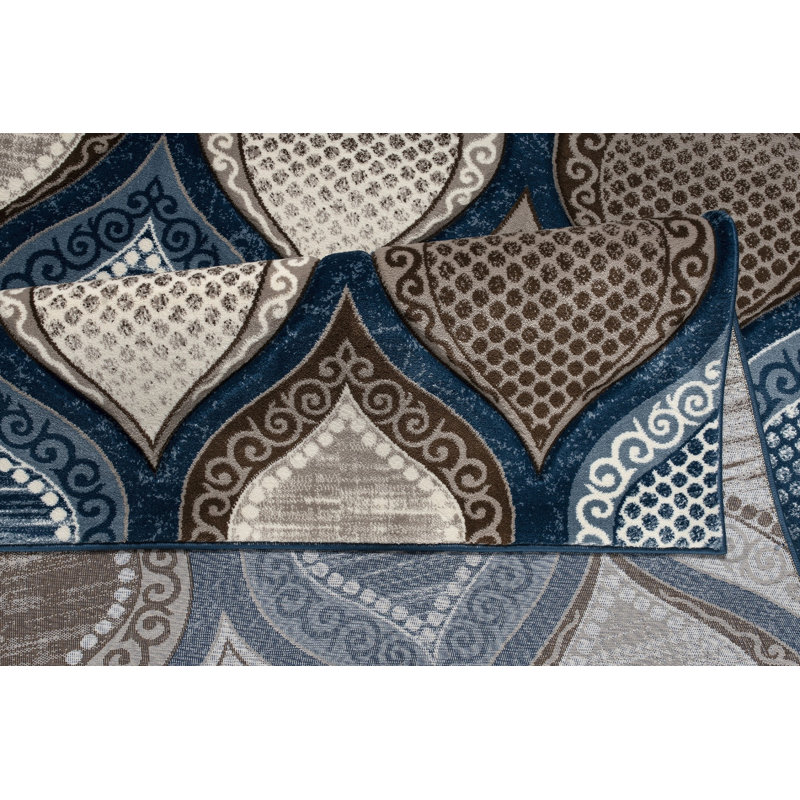 Tapis à motif de treillis abstrait bleu / brun Nipha, Rectangle 2 pi 1 po x 3 pi 3 po