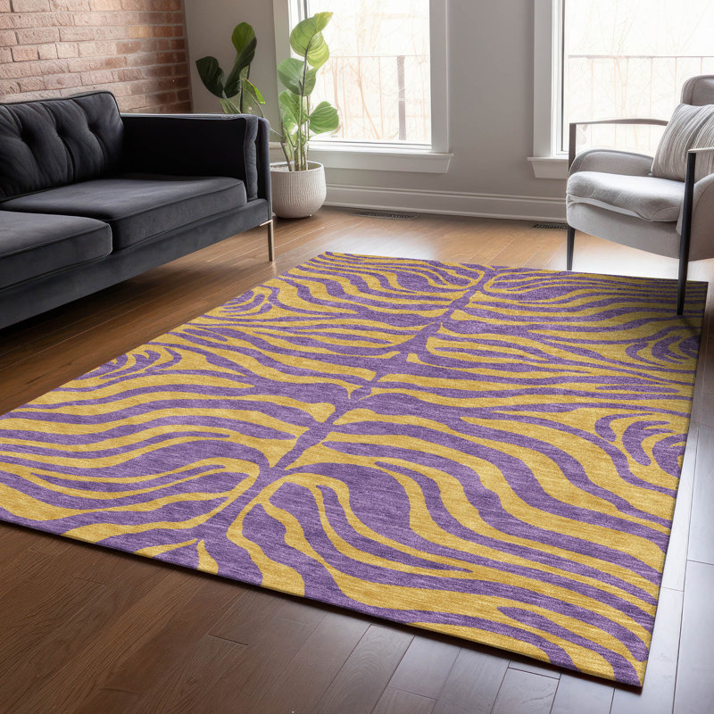 Purple and Beige Zebra Pattern Washable Synthetic Area Rug 9' x 12'