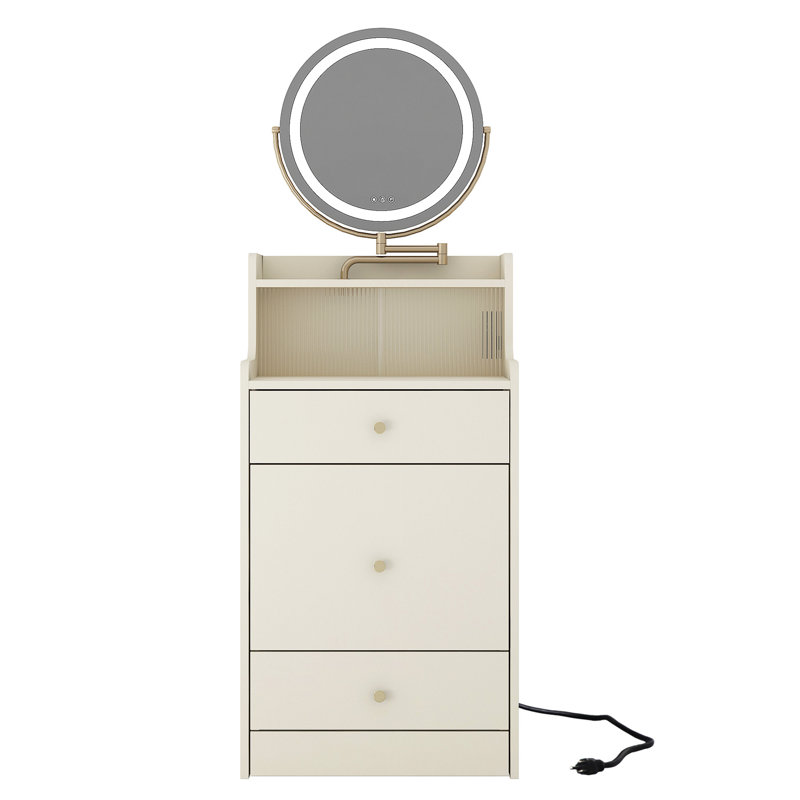 Bureau de coiffeuse 3 en 1 avec miroir, station de charge et espace de rangement supplémentaire, 2 tiroirs, tabouret rembourré, éclairage de coiffeuse jaune, option, construction compacte
