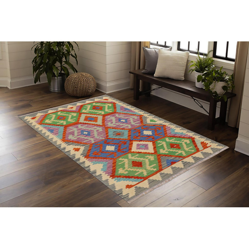 Tapis rectangulaire en laine tissé à plat à motif géométrique de 3 pi 4 po x 4 pi 6 po Alois