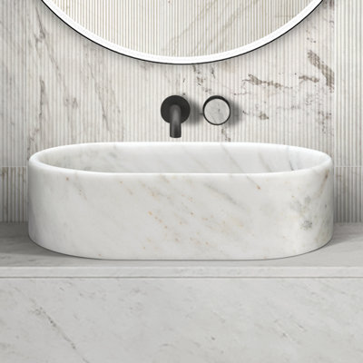 White Marble Oval Vessel Sink For Bathroom, Hand - Crafted, Spacious Basin Personal Care Natural Stone Bathroom Sink, Color, Single Block , Decades