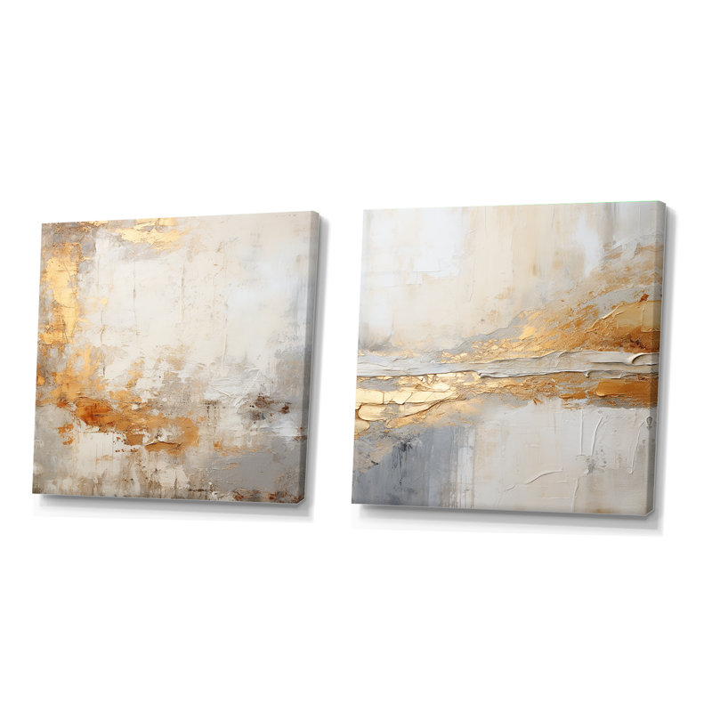 Fusion abstraite dorée et beige - ensemble de 2 collages carrés abstraits, Toile tendue, H 16 po x l 33 po