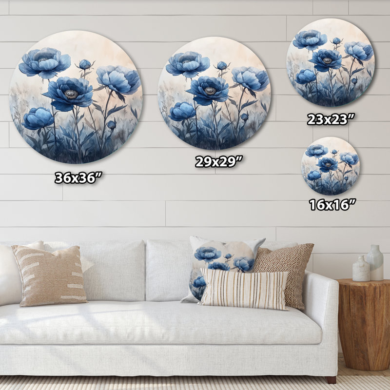 Pivoines bleues sombres dans le pâture I - impression d'art traditionnel bleu en métal, H 29 po x l 29 po