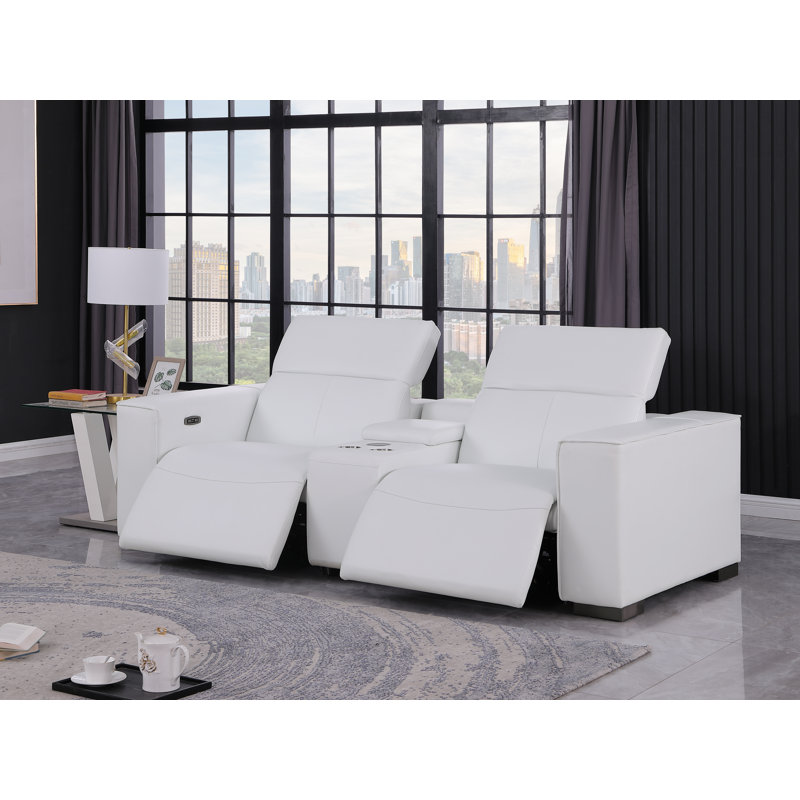 Luxurious Console Loveseat Power Reclining In Genuine Leather With Power Headrests, White