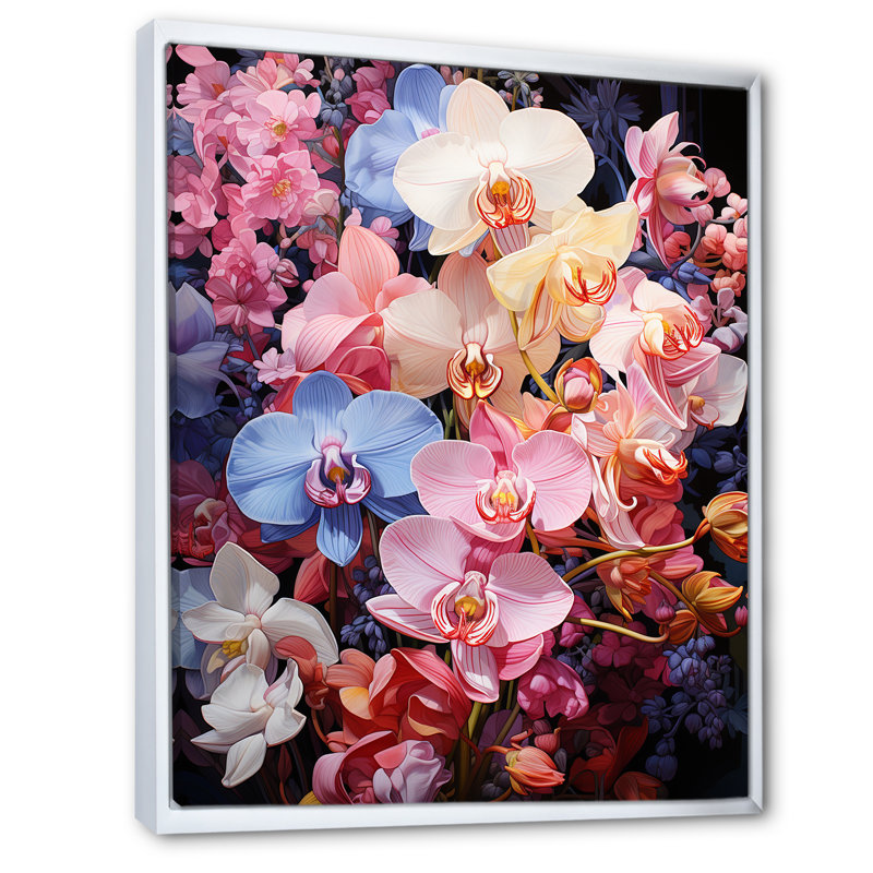 Orchidées roses et blanches sur fond blanc, H 32 po x l 24 po x P 1 po, Cadre flottant blanc