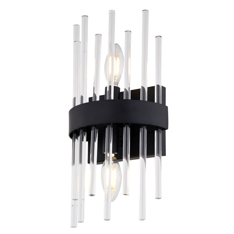 Delevan 2-Light 7.25 In. Wide Matte Black Modern Contemporary Wall Mounted Sconce With Clear Glass Rod Shade, Dimmable, LED Compatible, Metal Bathroom Vanity Lighting Fixture