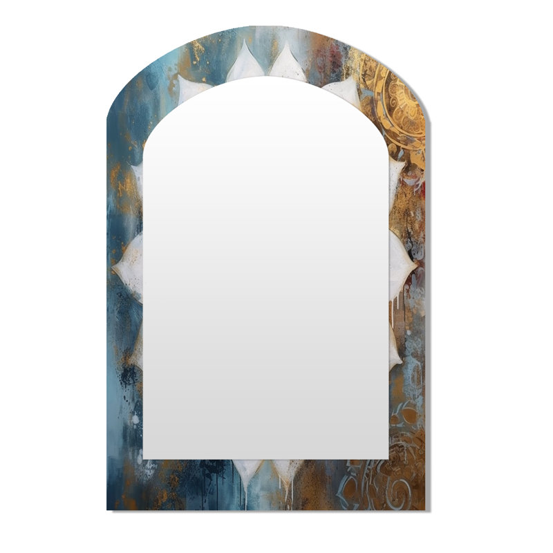 White And Gold Mandala II - Boho Mandala Arch Unique Wall Mirror, Traditional Asymmetrical Mirror, Printed Metal Art