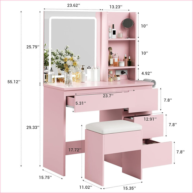 Dressing Table with Mirror, Pink
