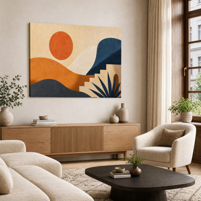 Boho Abstract Terracotta Sun Mountain Arch Palm Leaf Geometric Texture Print Canvas Wall Art Flat Mid Century Modern Decor Painting