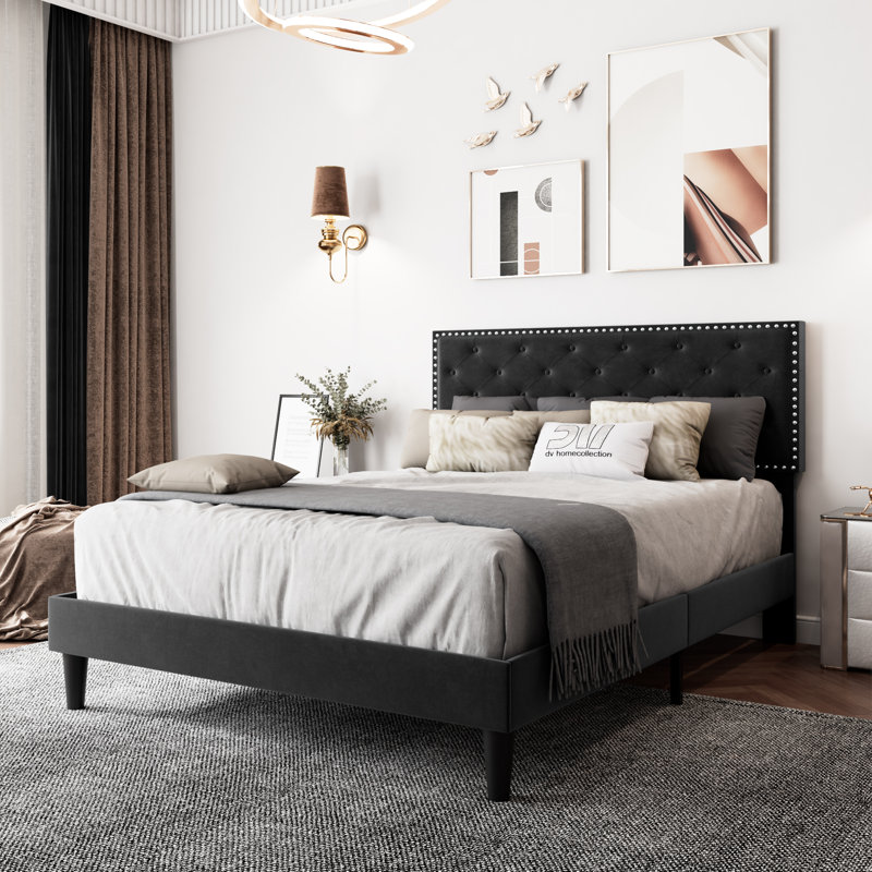 Aleiny Velvet Bed with Adjustable Upholstered Headboard, Black, King