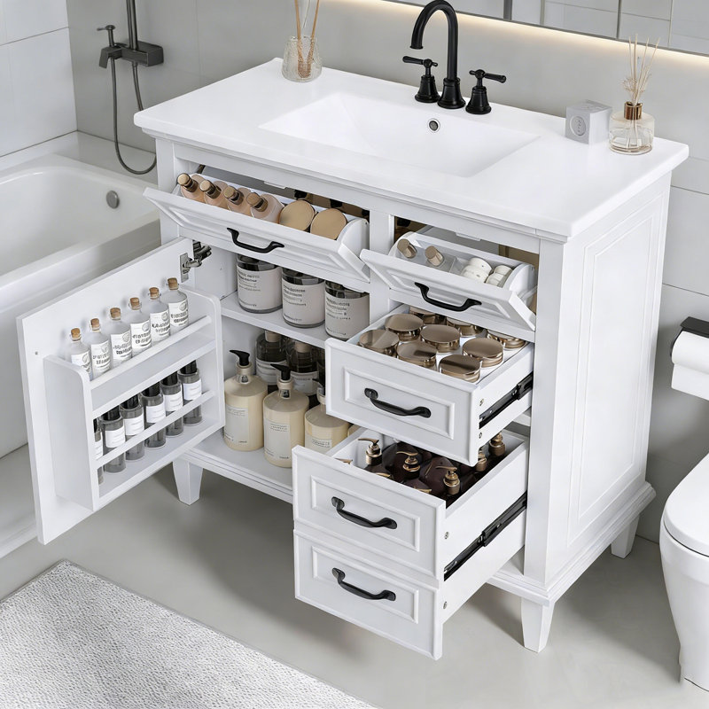 Bathroom Vanity with Sink, Flip Drawers and Adjustable Shelf, White