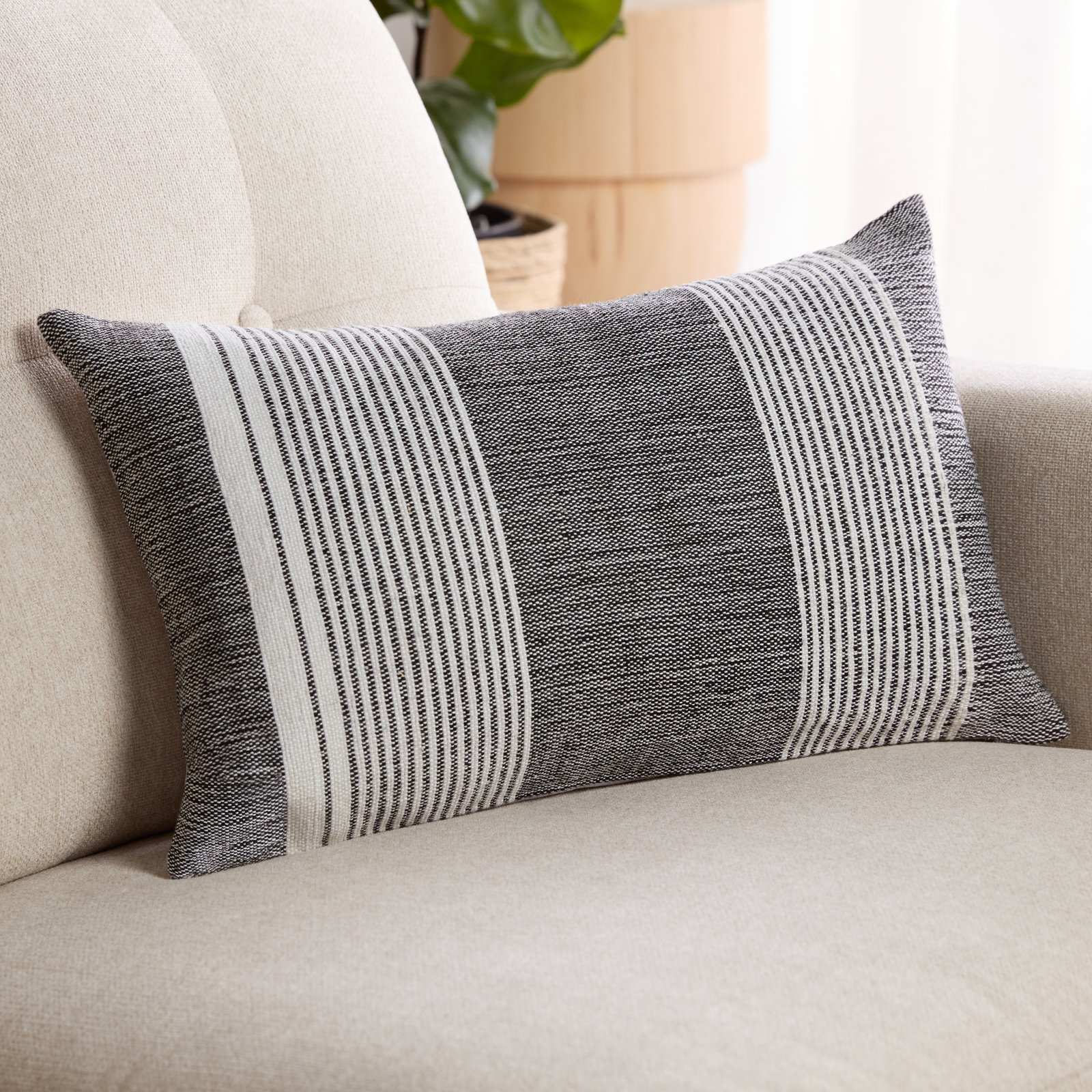 Aelin Striped Indoor/Outdoor Throw Pillow, Black/Cream, Down Fill