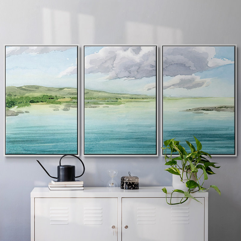 "Clear Lagoon II", peinture sur toile 3 pièces, H 40 po x l 78 po, Cadre blanc