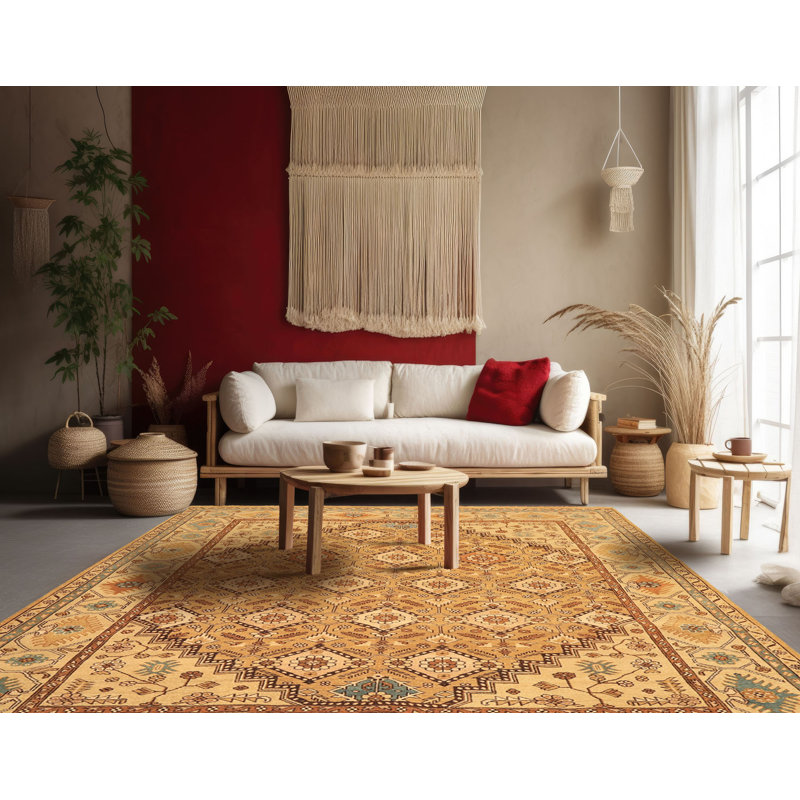 Tapis Oushak en laine beige caramel à motifs géométriques, noué à la main, 2,41 m x 3,07 m.