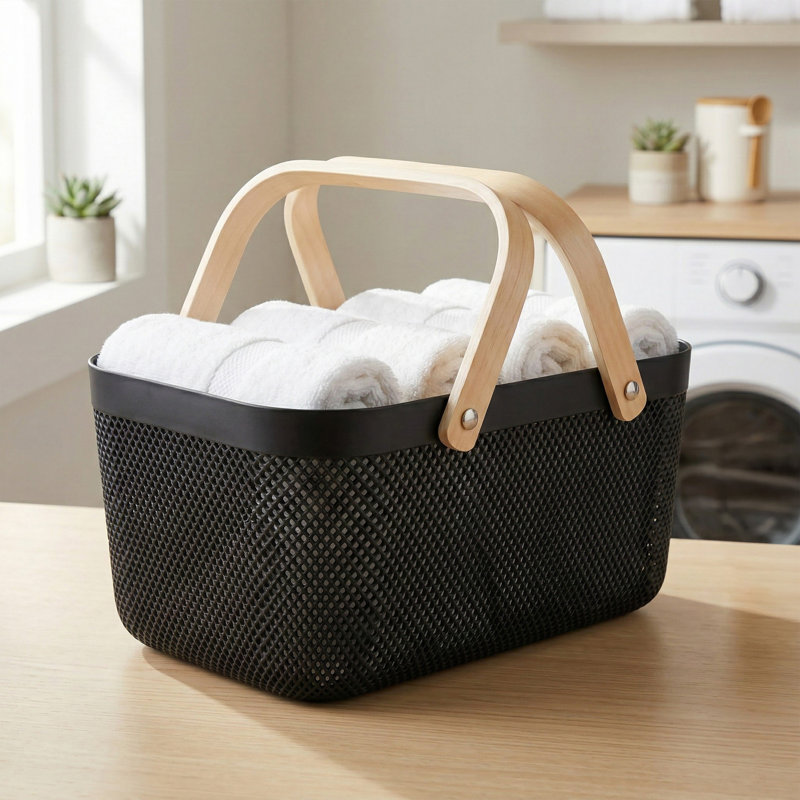  Grand panier de rangement en plastique avec poignée en bois de couleur noire, Black