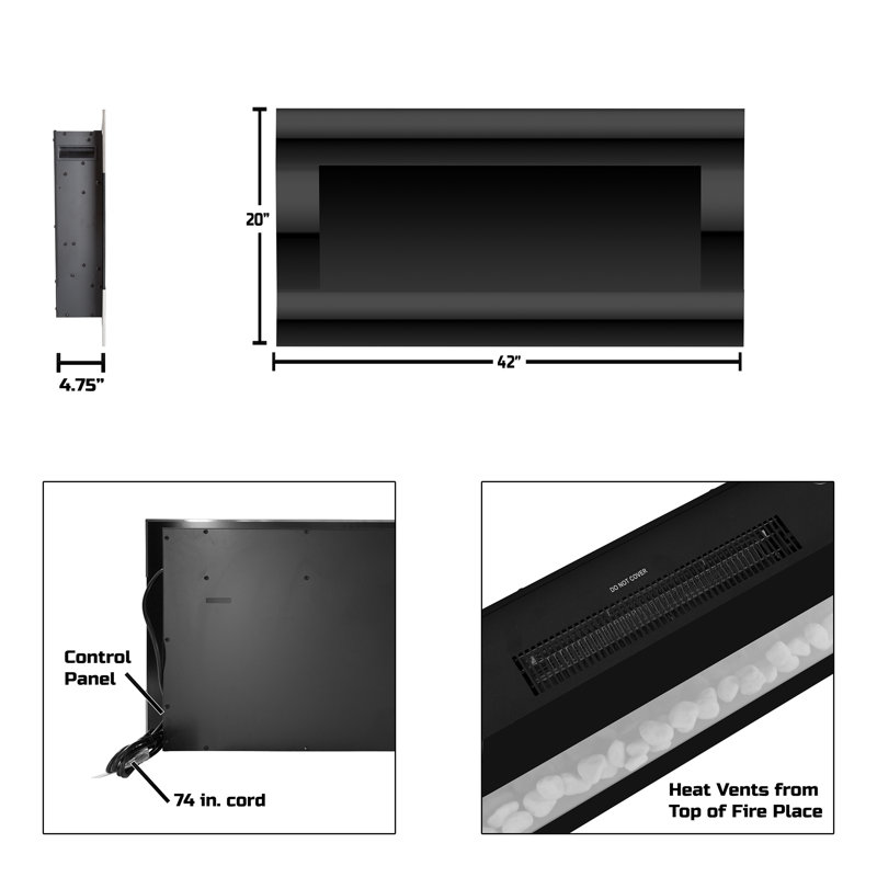 Allmeria Wall Mounted Electric Fireplace with Remote, Adjustable Flame Color, Timer, and Heat, 20" H x 42" W x 4.75" D