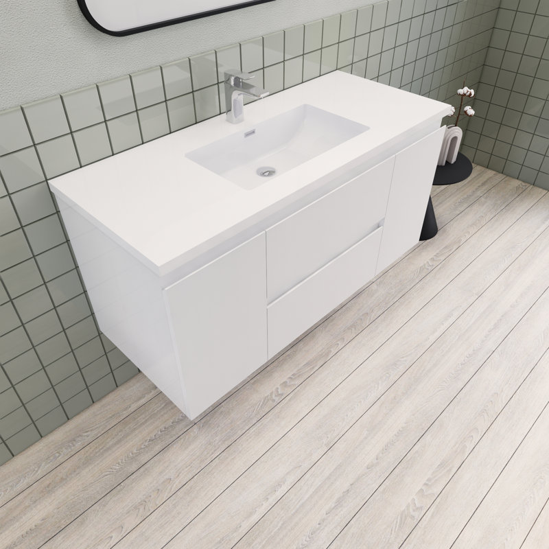 Meuble-lavabo de salle de bain moderne flottant 48 po Alcester Ivy Bronx, Bleu brillant