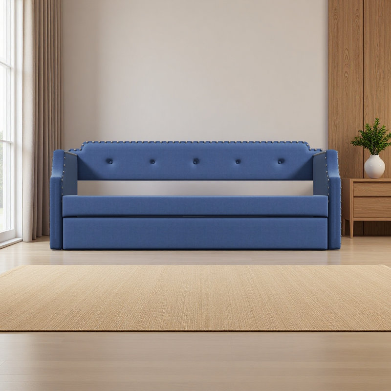 Upholstered Daybed With Trundle, Wood Slat Support,Upholstered Frame Sofa Bed , Twin, Blue