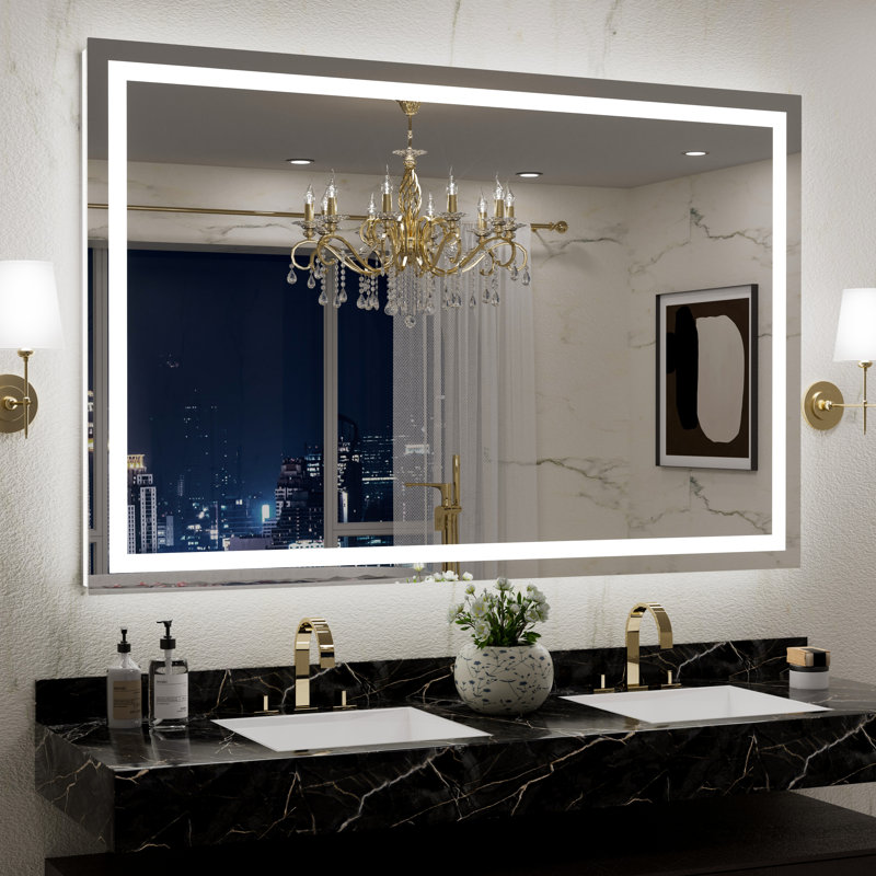 Miroir de salle de bain en verre trempé anti-buée à DEL certifié UL, 55 po x 36 po