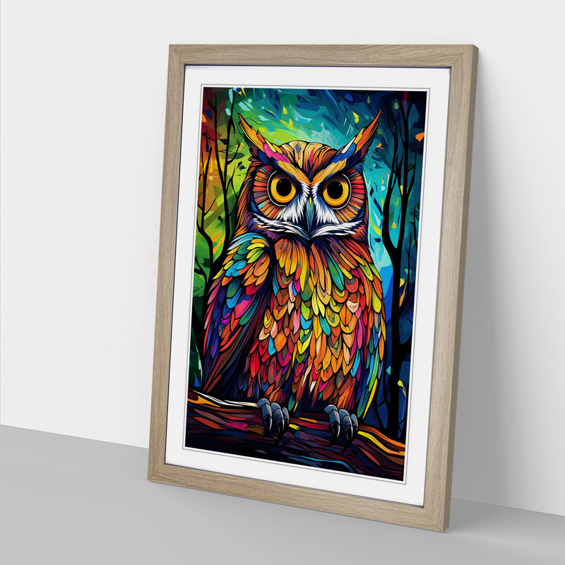 Owl Pop - Single Picture Frame Print on Wood, 46cm H x 34cm W x 2cm D, Oak 