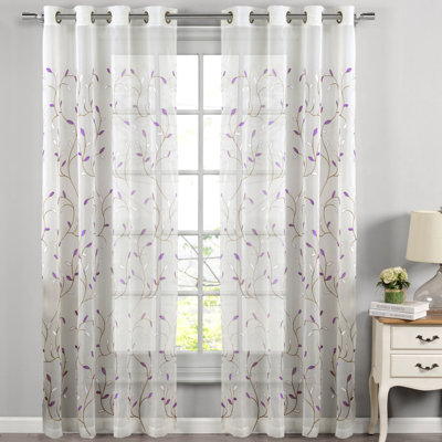 Ajay Floral Embroidered Sheer Grommet Single Curtain Panel