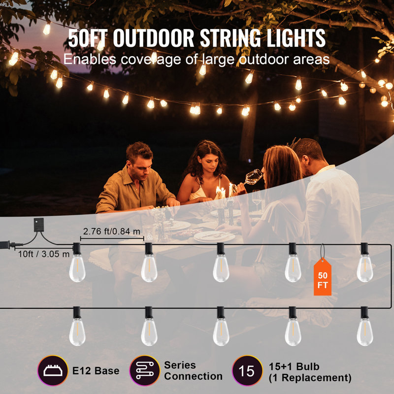 LED Outdoor String Lights, 50FT, 2700K Dimmable Outside Patio Lights With 15 S14 Shatterproof Bulbs E12 Socket Base, Waterproof Hanging Lights For Porch Backyard Garden Balcony Deck Party Decor