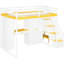 Lit mezzanine double avec escalier de rangement et charge, blanc et jaune. Tablettes latérales ouvertes, garde-robe sous la garde-robe, coiffeuse, ports de charge, éclairage à DEL-130155757-130155755