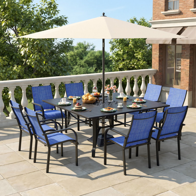Ensemble de salle à manger 9 pièces pour terrasse - Comprend 8 chaises et une table carrée en métal avec trou pour parasol - 8 places pour la cour, la piscine, le balcon et le jardin
