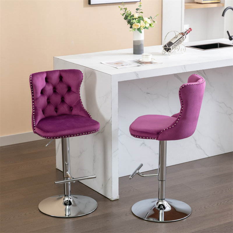Daijiah Swivel Upholstered Adjustable Height Counter Stool, Silver, Purple