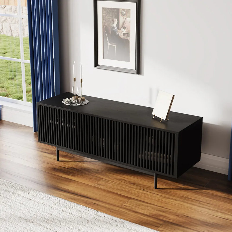 Meuble télé Mid-Century moderne, entièrement assemblé, Noir, H 21,26 po x L 59,06 po x l 18,89 po