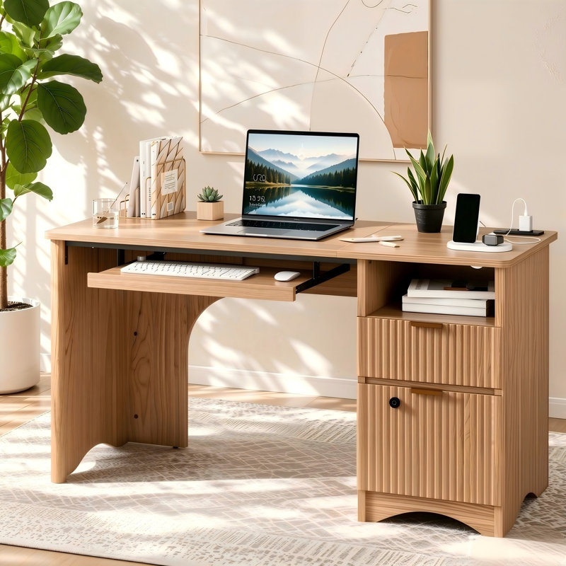 Neeru 55Inch Fluted Executive Desk with Fingerprint Lock, Modern Computer Writing Desks with Power Outlet, Home Office Desk with Keyboard Tray and Open Storage Compartment