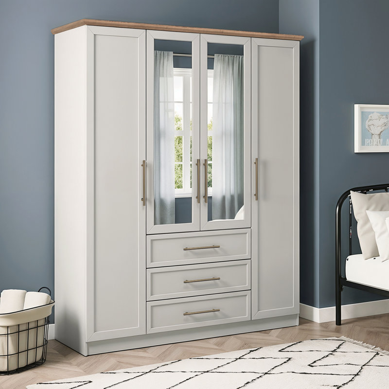 Cleverton 4 Door 3 Drawer Wardrobe with Mirror, Light Grey