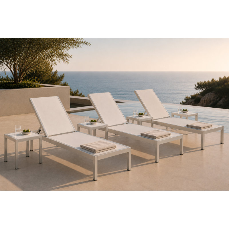 Aynura 6-Piece 76" Outdoor Reclining Chaise Lounge Set – 3 Aluminum Poolside Loungers with 3 Matching Side Tables, Quick-Dry Mesh & Hidden Wheels - Brush White