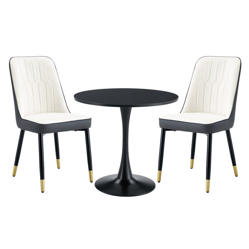 Modern 3-Piece Round Dining Set, Black Pedestal Table & Tufted Chairs, Gray/White