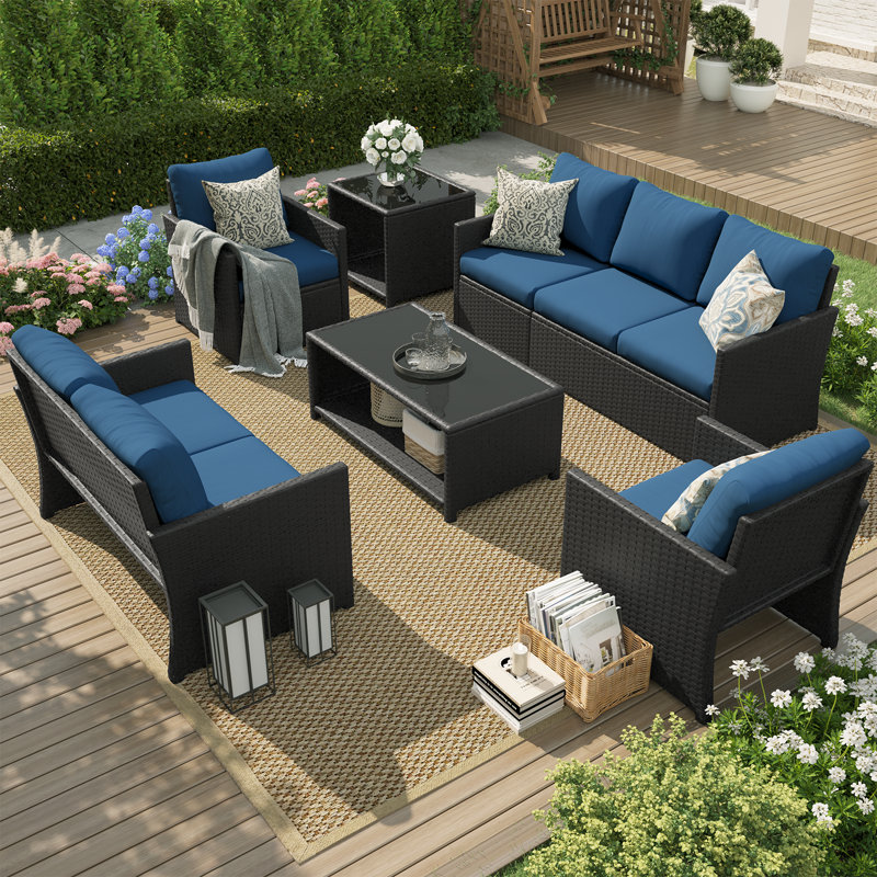 7 - Person Outdoor Seating Group with Cushions and Cover, Dark Blue Cushion/Black Frame