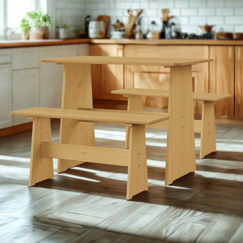 Ensemble de table de salle à manger avec 2 bancs, table de cuisine peu encombrante pour 4 personnes - Ensemble de table de salle à manger compacte 3 pièces pour cuisine / appartement / café