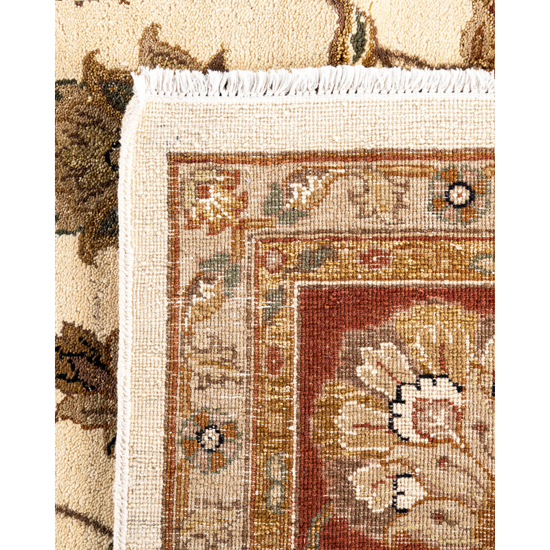 Ivory and Red Hand-Knotted Wool Rectangular Area Rug