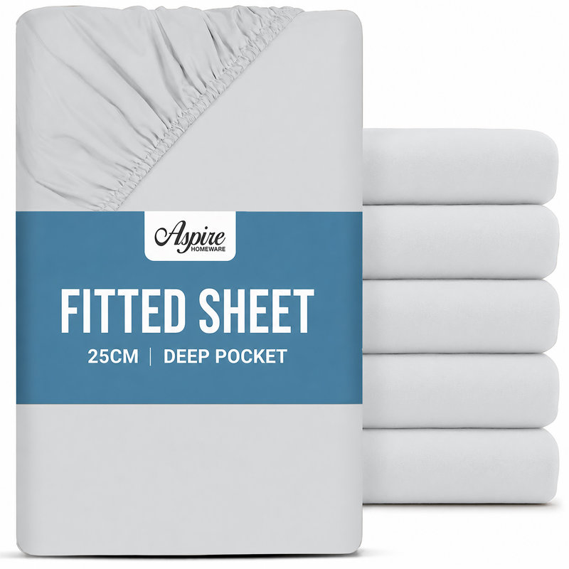Aspire Homeware Silver 25cm Deep Fitted Sheets Pack of 6 with Elasticated Edges, Double (137cm W x 190cm L)