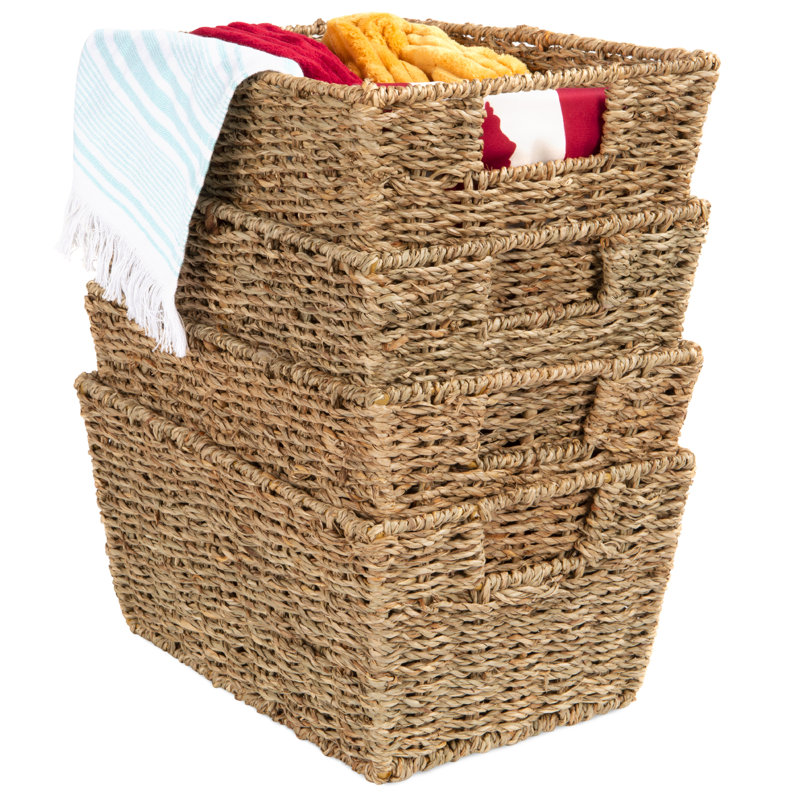 4 Multipurpose Stackable Seagrass Laundry Organizer Tote Baskets w/ Insert Handles, Natural