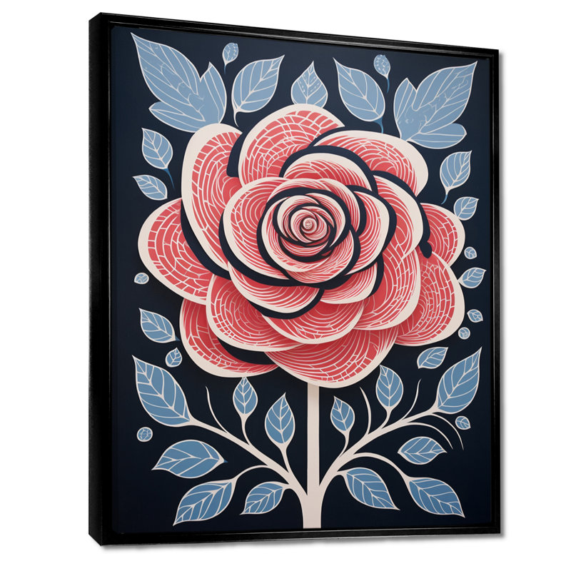 Rouge rouge, feuilles bleues, Illustration rétro - impression d'art mural rose, H 44 po x l 34 po x P 1,5 po