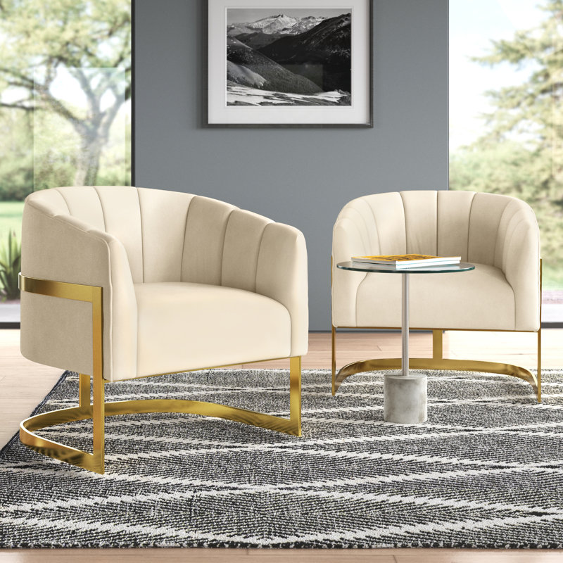 Romy 30" W Tufted Upholstered Barrel Chair, Beige Velvet