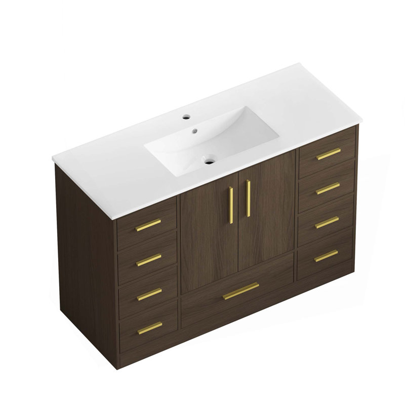 Meuble-lavabo de salle de bain, armoire de rangement abondante - 2 portes à fermeture douce et 9 tiroirs, Marron foncé