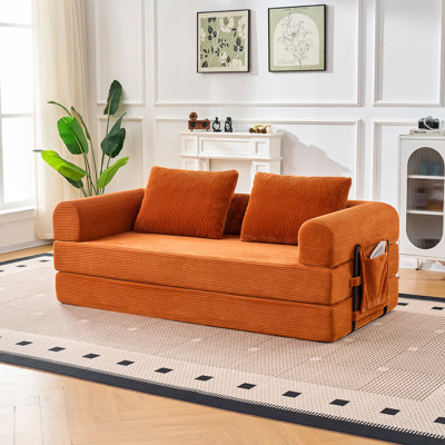 79" Corduroy Floor Sofa Bed, Convertible Sleeper Sofa with Pockets- Orange