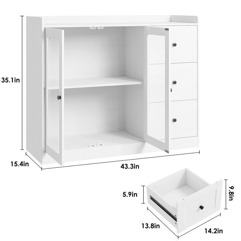 Storage Cabinet With Glass Doors And Shelves, 43" Coffee Bar Cabinet With 3 Drawers,Sideboard Buffet Cabinet With Storage,Buffet Table For Kitchen, Entryway, Bedroom, Living Room