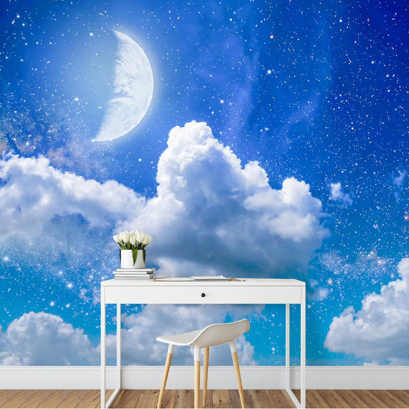 Croissant de lune, nuage bleu, ciel, nature, photographie, paysage rustique décoratif, L 66 po x l 96 po