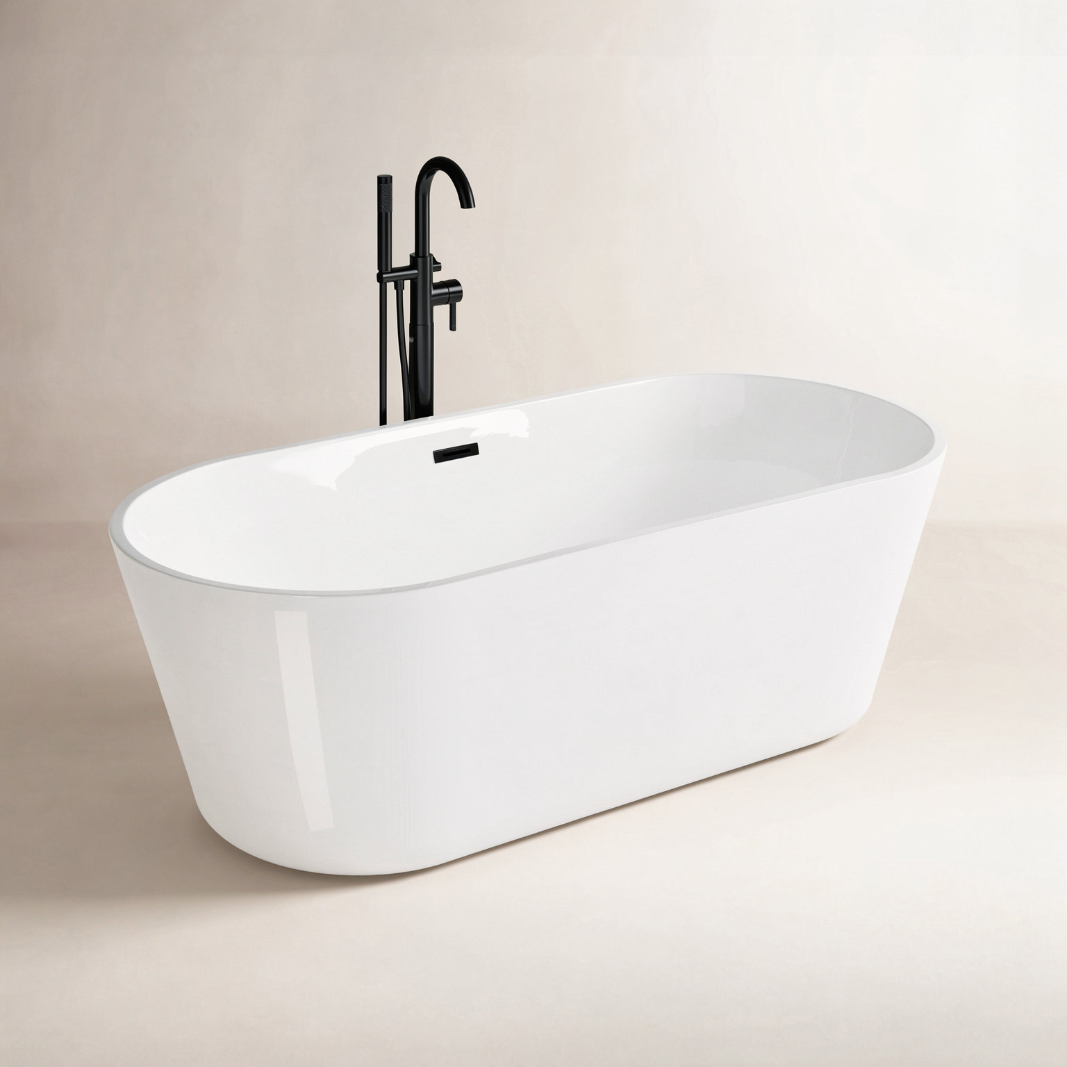 Cove 67" Freestanding Soaking Acrylic Bathtub, Matte Black, White