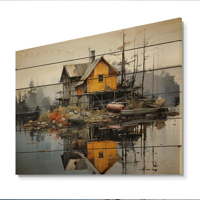 Yellow Lakehouse Pier Reflections II sur impression sur bois, H 10 po x l 20 po x P 0,78 po