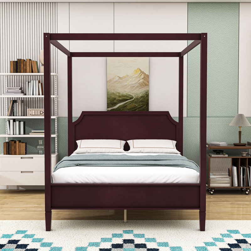 Lit plateforme luxueux à baldaquin en bois avec lattes, pieds de support et tête de lit, Noyer, Grand lit
